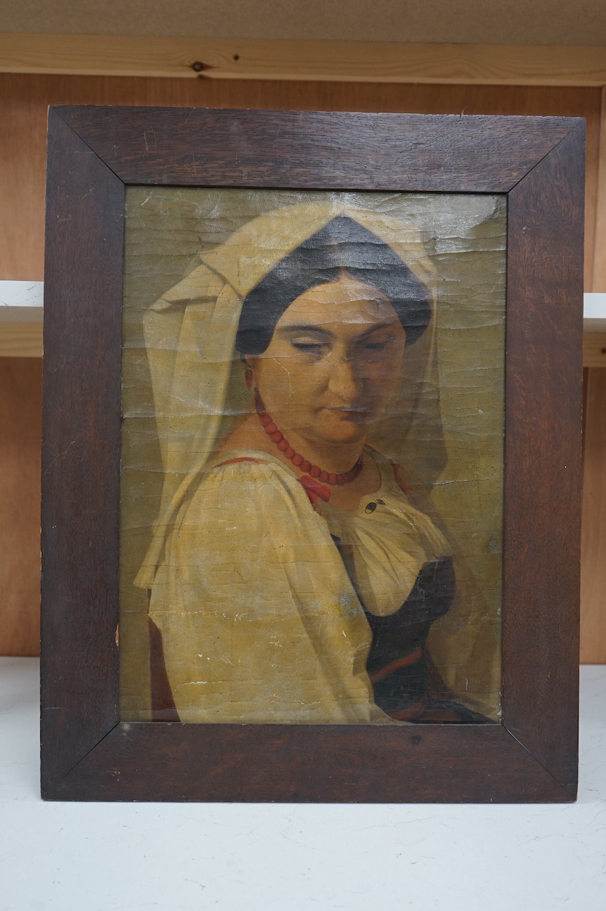 19th century, French School, oil on canvas, Study of a woman, 49 x 35cm. Condition - poor